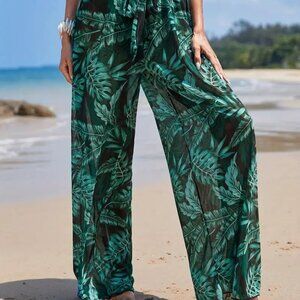 Dinidana Black Wide-Leg Pants with Green Palm Print